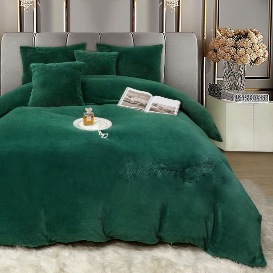 Lenjerie de pat, cu Broderie, Cocolino tip Blăniță Iepure, 2 Persoane, 6 Piese, cu ELASTIC, Verde smarald, LCE-077 Lenjerii Blanita Iepure