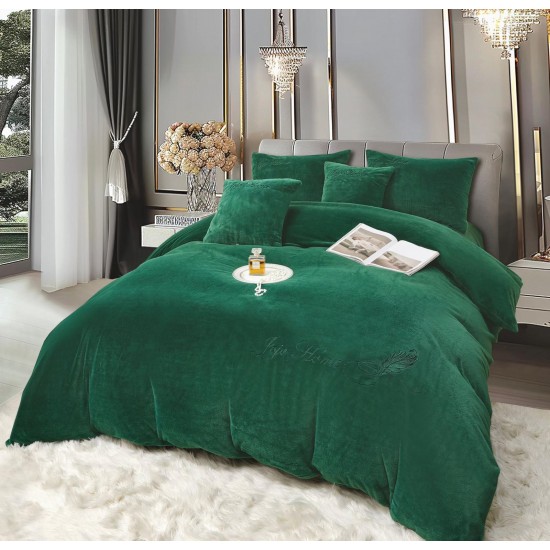 Lenjerie de pat, cu Broderie, Cocolino tip Blăniță Iepure, 2 Persoane, 6 Piese, cu ELASTIC, Verde smarald, LCE-077 Lenjerii Blanita Iepure