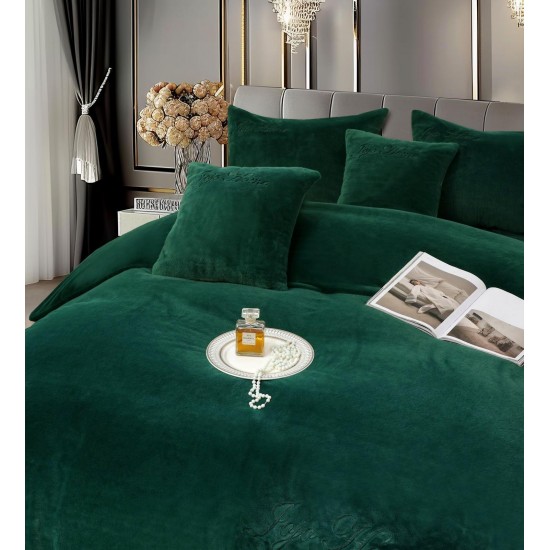Lenjerie de pat, cu Broderie, Cocolino tip Blăniță Iepure, 2 Persoane, 6 Piese, cu ELASTIC, Verde smarald, LCE-077 Lenjerii Blanita Iepure