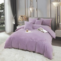 Lenjerie de pat, cu Broderie, Cocolino tip Blăniță Iepure, 2 Persoane, 6 Piese, cu ELASTIC, Lila, LCE-083