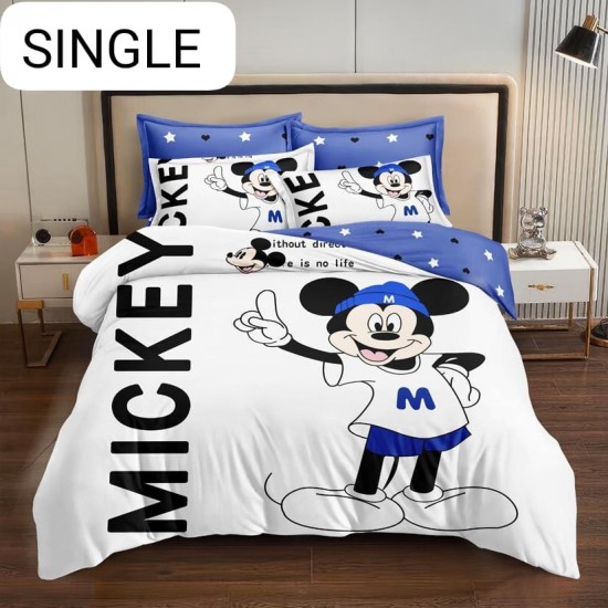 Lenjerie Pat, 1 Persoana, 4 piese, Bumbac Finet, Alb-Multicolor, Alb-Blue, Mickey, LCC-016 Lenjerii Pentru Copii cu Desene Animate - Finet 6 piese