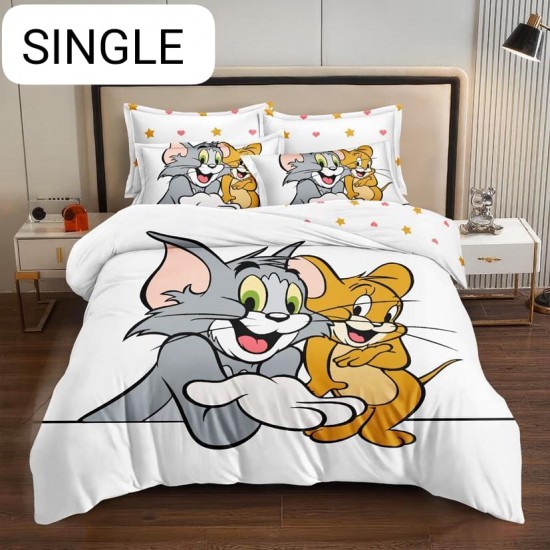 Lenjerie Pat, 1 Persoana, 4 piese, Bumbac Finet, Alb-Multicolor, Tom & Jerry, LCC-015 Lenjerii Pentru Copii cu Desene Animate - Finet 6 piese