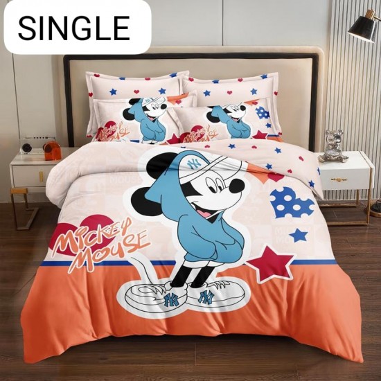 Lenjerie Pat, 1 Persoana, 4 piese, Bumbac Finet, Roz-Multicolor, Mickey Mouse, LCC-014 Lenjerii Pentru Copii cu Desene Animate - Finet 6 piese