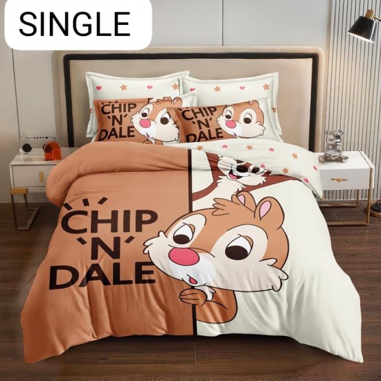 Lenjerie Pat, 1 Persoana, 4 piese, Bumbac Finet, Maro-Alb, Chip and Dale, LCC-013 Lenjerii Pentru Copii cu Desene Animate - Finet 6 piese
