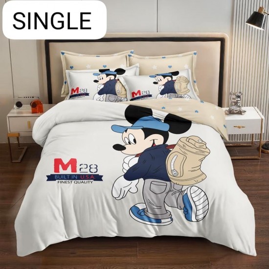 Lenjerie Pat, 1 Persoana, 4 piese, Bumbac Finet, Crem-Multicolor, Mickey, LCC-010 Lenjerii Pentru Copii cu Desene Animate - Finet 6 piese