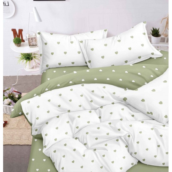 Lenjerie pat dublu, 4 piese, Bumbac Satinat Superior, Alb-Verde, inimioare, LDBS-239 3 lenjerii la 199 lei