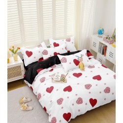 Lenjerie pat dublu, 4 piese, Bumbac Satinat Superior, Alb-Rosu, inimi, LDBS-246