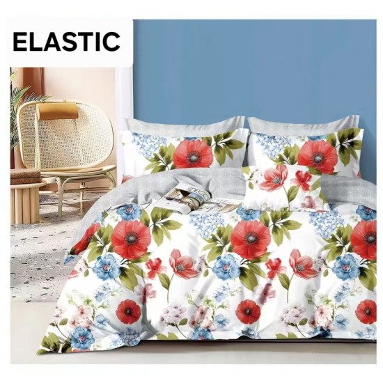 Lenjerie pat dublu, 4 piese, Bumbac Satinat Superior, cu ELASTIC, Alb-Multicolor, flori, LDBS-248 3 lenjerii la 199 lei