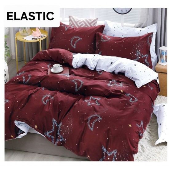 Lenjerie pat dublu, 4 piese, Bumbac Satinat Superior, cu ELASTIC, Grena-Alb, stele, LDBS-250 3 lenjerii la 199 lei