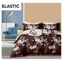 Lenjerie pat dublu, 4 piese, Bumbac Satinat Superior, cu ELASTIC, Maro, flori, LDBS-251