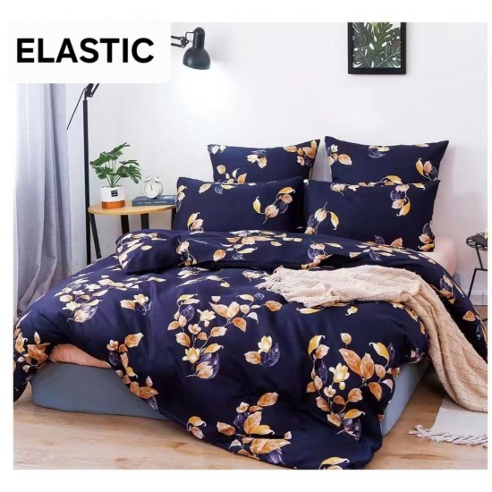 Lenjerie pat dublu, 4 piese, Bumbac Satinat Superior, cu ELASTIC, Bleumarin, frunze, LDBS-254 3 lenjerii la 199 lei