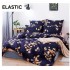 Lenjerie pat dublu, 4 piese, Bumbac Satinat Superior, cu ELASTIC, Bleumarin, frunze, LDBS-254