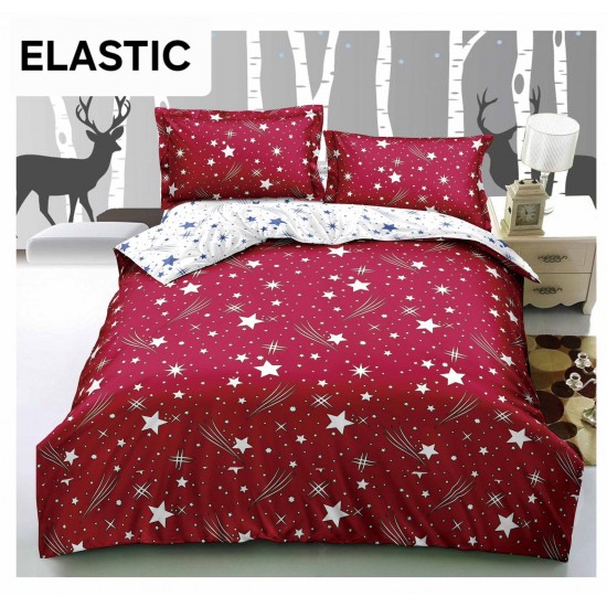 Lenjerie pat dublu, 4 piese, Bumbac Satinat Superior, cu ELASTIC, Rosu-Alb, stele, LDBS-264 3 lenjerii la 199 lei