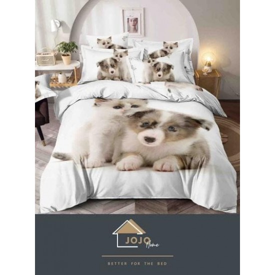 Lenjerie Finet, 4 Piese, Pat 1 persoana, cearsaf cu ELASTIC, Alb-Crem, catel, LOP-047 Lenjerii FInet 1 Persoana cu ELASTIC