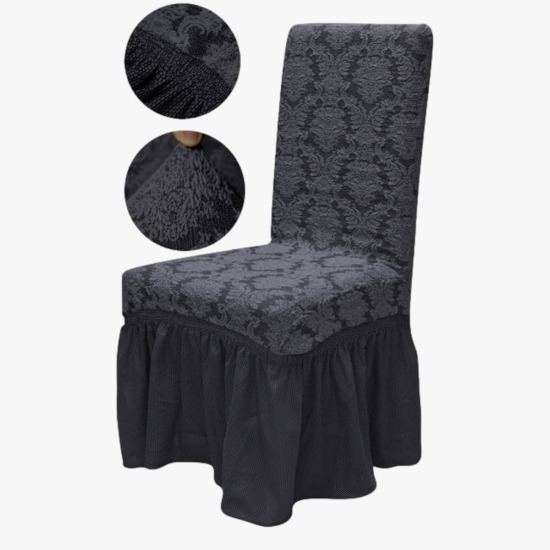 Set 6 Huse de Scaun Cu Volanase, model Jacquard, Gri inchis, HSJ-028 Huse Scaune Jacquard