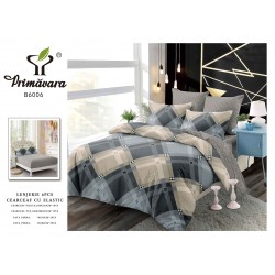 Set Lenjerie de pat din Finet Gros, Cearceaf cu ELASTIC, 6 Piese, Pat 2 Persoane, Crem-Gri, romburi, LDE-113