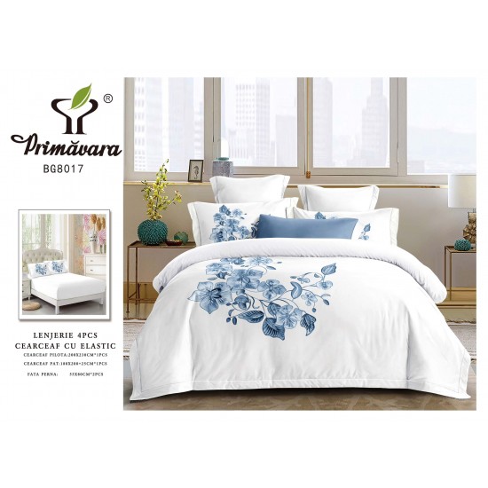 Lenjerie 4 piese pat dublu – bumbac fin, cearșaf cu elastic, Alb, LFB-002 Lenjerii Brodate