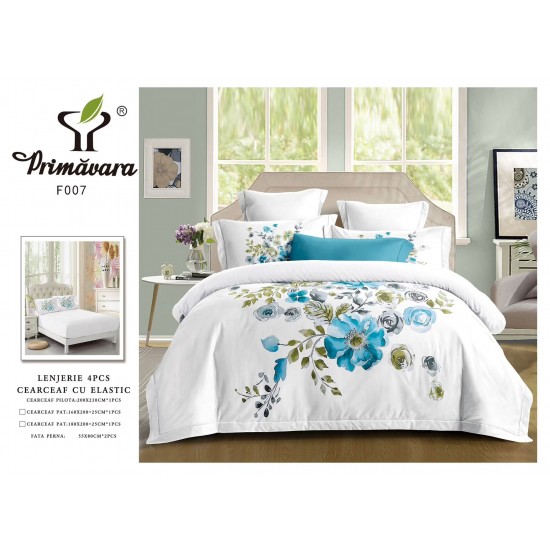 Lenjerie 4 piese pat dublu – bumbac fin, cearșaf cu elastic, Alb, LFB-009 Lenjerii Brodate