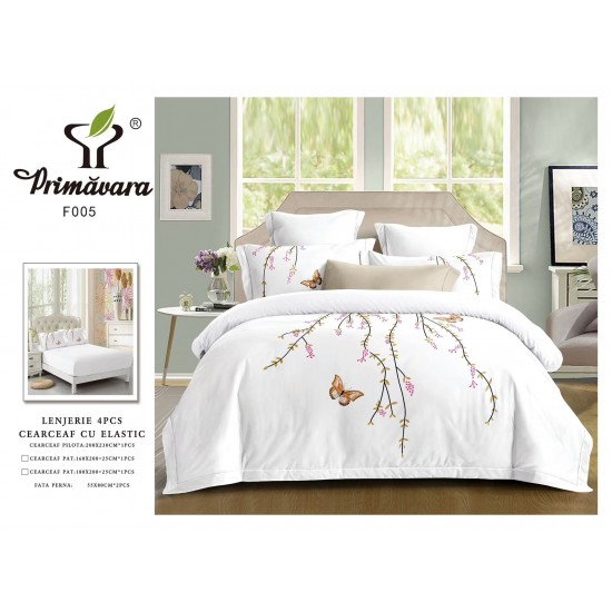 Lenjerie 4 piese pat dublu – bumbac fin, cearșaf cu elastic, LFB-010 Lenjerii Brodate