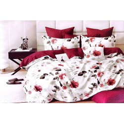 Lenjerie pat dublu, 4 piese, Bumbac Satinat Superior, Alb-Grena, flori, LDBS-134