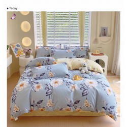 Set Lenjerie de Pat din Finet cu 2 Fete, 6 Piese, Pat 2 Persoane, Blue-Alb, flori, OLD-105