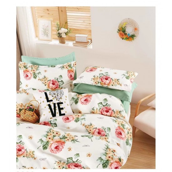 Set Lenjerie de Pat din Finet cu 2 Fete, 6 Piese, Pat 2 Persoane, Alb-Multicolor, flori, OLD-055 Oferta duo bumbac-finet