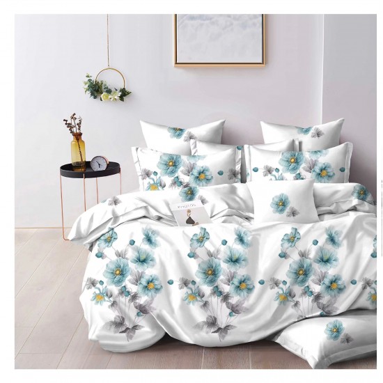 Set Lenjerie de Pat din Finet cu 2 Fete, 6 Piese, Pat 2 Persoane, Alb-Verde, flori, OLD-054 Oferta duo bumbac-finet