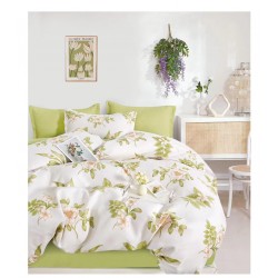 Set Lenjerie de Pat din Finet cu 2 Fete, 6 Piese, Pat 2 Persoane, Alb-Verde, flori, OLD-111