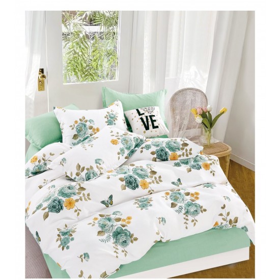 Set Lenjerie de Pat din Finet cu 2 Fete, 6 Piese, Pat 2 Persoane, Alb-Verde, flori, OLD-113 Oferta duo bumbac-finet