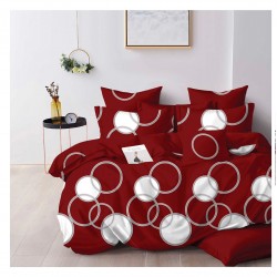 Set Lenjerie de Pat din Finet cu 2 Fete, 6 Piese, Pat 2 Persoane, Rosu-Alb, cercuri, OLD-116