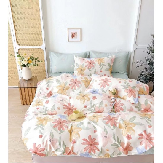 Set Lenjerie de Pat din Finet cu 2 Fete, 6 Piese, Pat 2 Persoane, Alb-Roz, flori, OLD-122 Oferta duo bumbac-finet