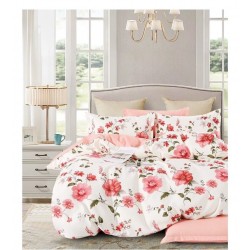 Set Lenjerie de Pat din Finet cu 2 Fete, 6 Piese, Pat 2 Persoane, Alb-Roz, flori, OLD-126