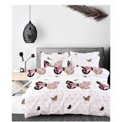 Set Lenjerie de Pat din Finet cu 2 Fete, 6 Piese, Pat 2 Persoane, Alb-Roz, fluturi, OLD-130
