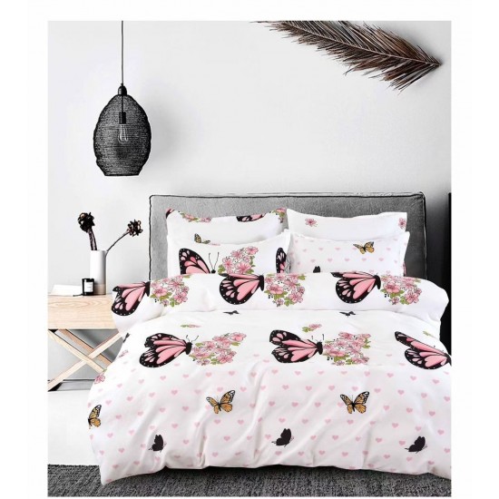 Set Lenjerie de Pat din Finet cu 2 Fete, 6 Piese, Pat 2 Persoane, Alb-Roz, fluturi, OLD-130 Oferta duo bumbac-finet