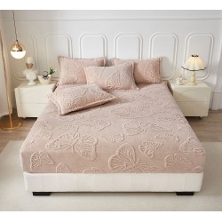 Cearsaf de Pat cu Elastic si 2 Fete de Perna, CoCoLiNo, 180x200x25cm, model FLUTURI, Bej, HCT-022