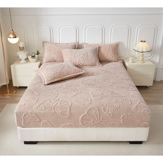 Cearsaf de Pat cu Elastic si 2 Fete de Perna, CoCoLiNo, 180x200x25cm, model FLUTURI, Bej, HCT-022 Huse Cocolino tip Tricoraj