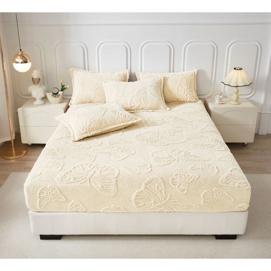 Cearsaf de Pat cu Elastic si 2 Fete de Perna, CoCoLiNo, 180x200x25cm, model FLUTURI, Crem, HCT-019 Huse Cocolino tip Tricoraj