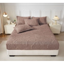 Cearsaf de Pat cu Elastic si 2 Fete de Perna, CoCoLiNo, 180x200x25cm, model FLUTURI, Maro, HCT-021