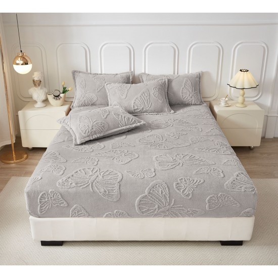 Cearsaf de Pat cu Elastic si 2 Fete de Perna, CoCoLiNo, 180x200x25cm, model FLUTURI, Gri deschis, HCT-015 Huse Cocolino tip Tricoraj