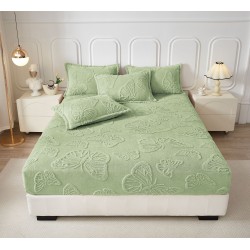 Cearsaf de Pat cu Elastic si 2 Fete de Perna, CoCoLiNo, 180x200x25cm, model FLUTURI, Verde, HCT-012