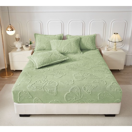 Cearsaf de Pat cu Elastic si 2 Fete de Perna, CoCoLiNo, 180x200x25cm, model FLUTURI, Verde, HCT-012 Huse Cocolino tip Tricoraj