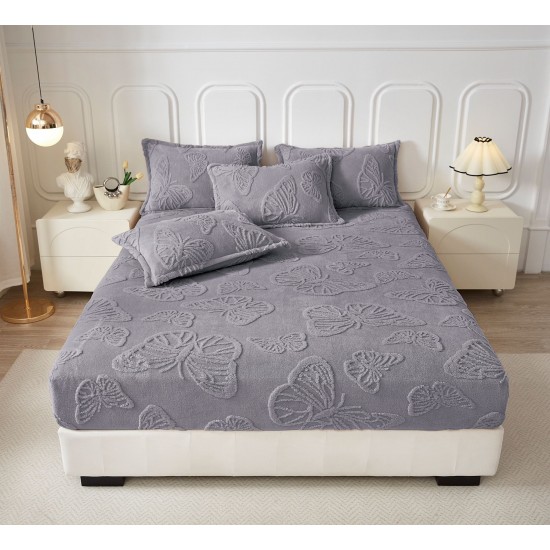 Cearsaf de Pat cu Elastic si 2 Fete de Perna, CoCoLiNo, 180x200x25cm, model FLUTURI, Gri inchis, HCT-014 Huse Cocolino tip Tricoraj