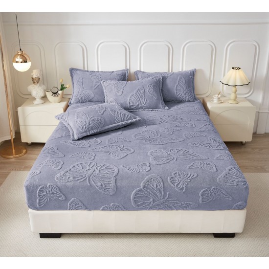 Cearsaf de Pat cu Elastic si 2 Fete de Perna, CoCoLiNo, 180x200x25cm, model FLUTURI, Gri albastrui, HCT-016 Huse Cocolino tip Tricoraj