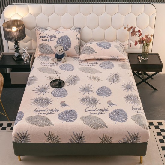 Cearsaf cu elastic COCOLINO, 180x200x25cm, plus 2 fete de perne, Crem-Blue, frunze, HC-092 Huse Cocolino