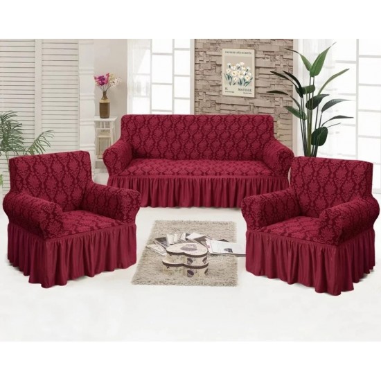 Set huse pentru canapea 3 Locuri si 2 fotolii, cu volanas, model Jacquard, Bordo, HCJ-005 Huse Jacquard
