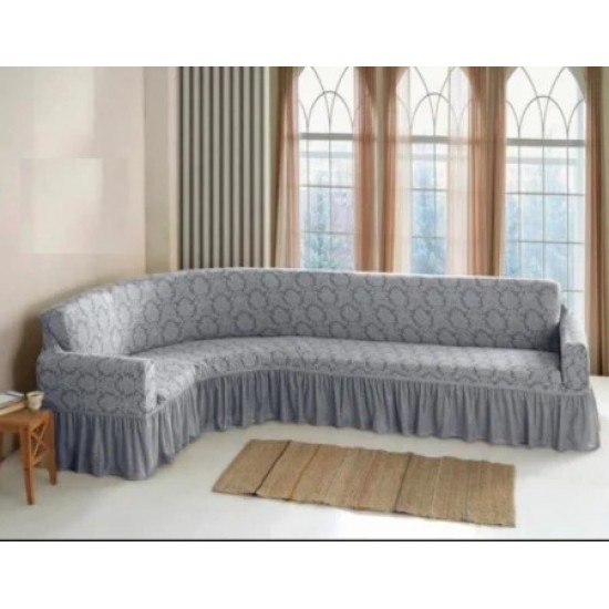 Husa elastica pentru coltar, model Jacquard, cu volanas, Gri deschis, HCJ-007 Huse Jacquard