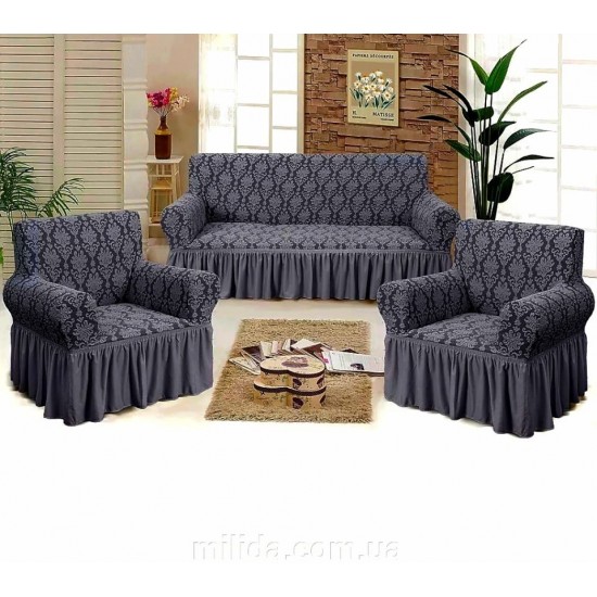 Set huse pentru canapea 3 Locuri si 2 fotolii, cu volanas, model Jacquard, Gri inchis, HCJ-003 Huse Jacquard