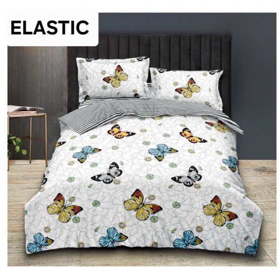 Lenjerie pat dublu, 4 piese, Bumbac Satinat Superior, cu ELASTIC, Alb-Multicolor, fluturi, OTM-063 Oferta Trio Mix 199