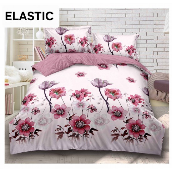 Lenjerie pat dublu, 4 piese, Bumbac Satinat Superior, cu ELASTIC, Alb, flori, OTM-064 Oferta Trio Mix 199