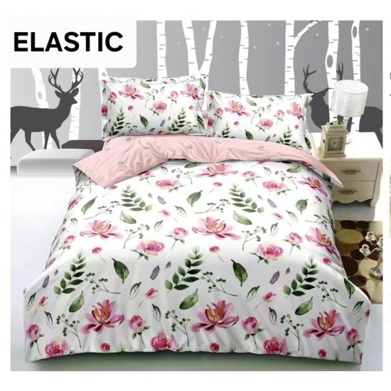 Lenjerie pat dublu, 4 piese, Bumbac Satinat Superior, cu ELASTIC, Alb-Multicolor, frunze, OTM-070 Oferta Trio Mix 199